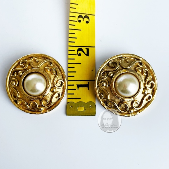 Edouard Rambaud Paris Earrings XL Round Etruscan Gold Metal Faux Pearl Vintage - Picture 4 of 12
